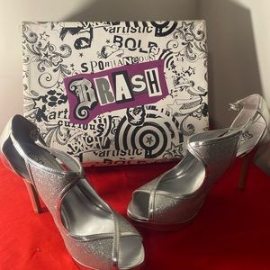 BRASH "Lyric" Platform, Silver Glitter, Open Toe Pump - Size 10